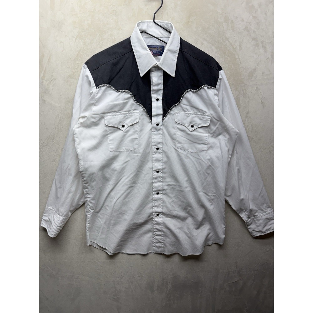 VTG Panhandle Slim Western Pearl Snap Shirt Mens Large Black Colorblock Yoke USA